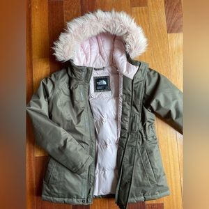 Girls North Face Winter jacket, size L (14/16), olive green/pink